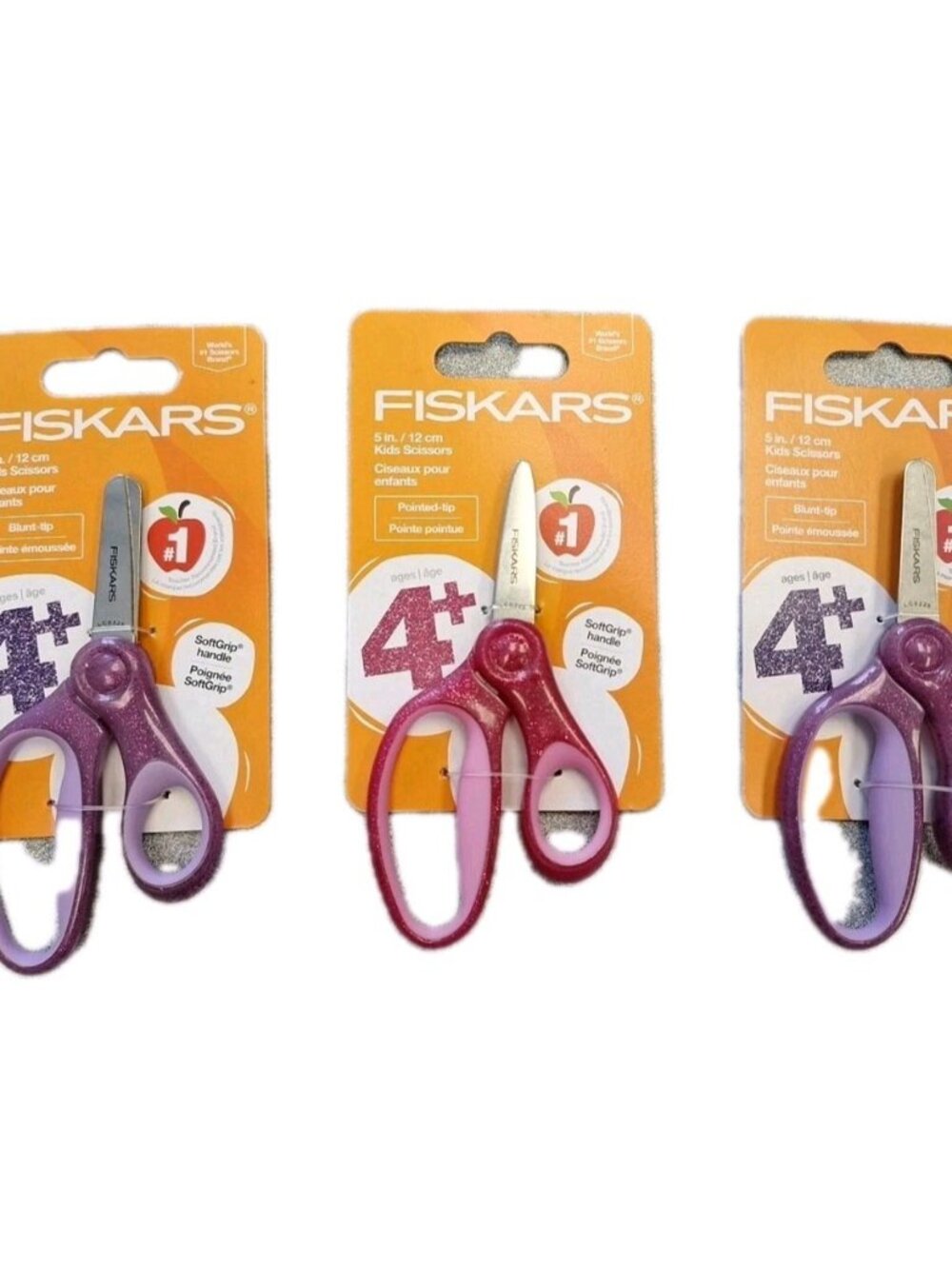 Fiskars Scissors for Kids POINTED TIP 5 Inch Safety Pink Purple Glitter Lot Of 3